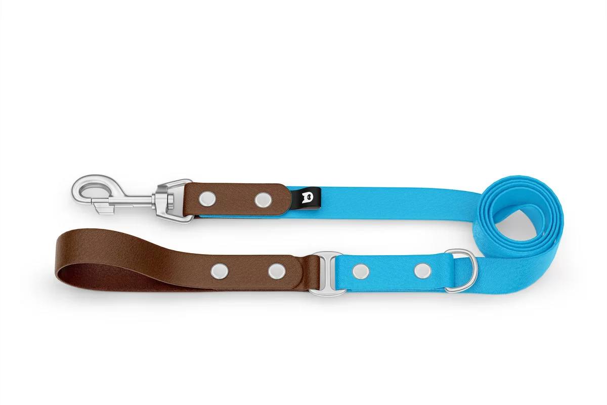 Duo-Leine für Hunde: Dunkelbraun & Hellblau mit Komponenten aus Silber