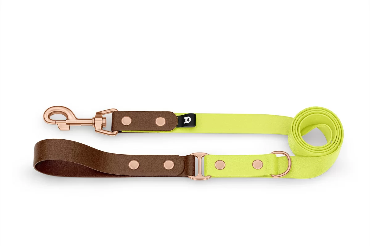 Duo-Leine für Hunde: Dunkelbraun & Neongelb mit Komponenten aus Rosegold