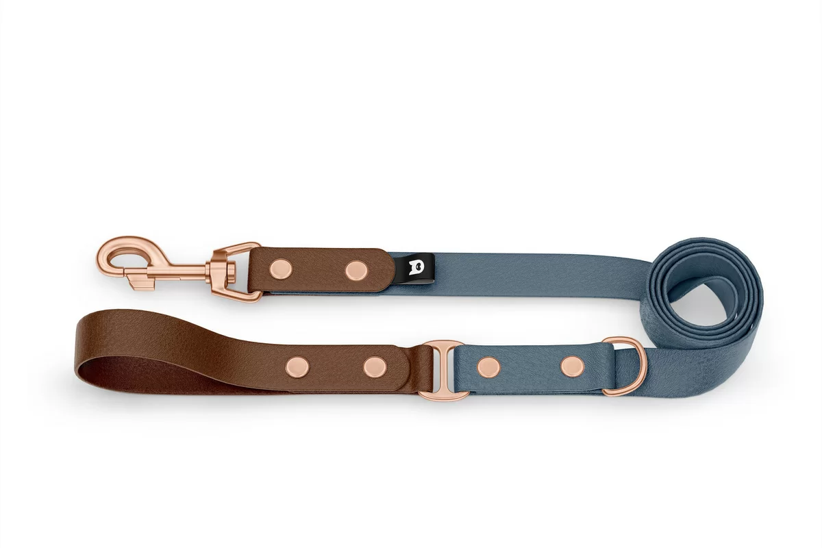 Duo-Leine für Hunde: Dunkelbraun & Petrol mit Komponenten aus Rosegold