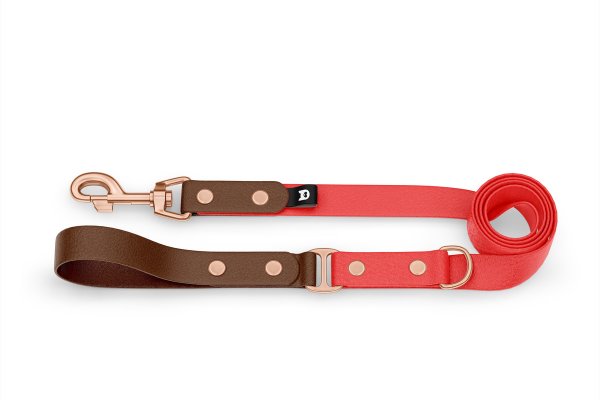 Duo-Leine für Hunde: Dunkelbraun & Rot mit Komponenten aus Rosegold