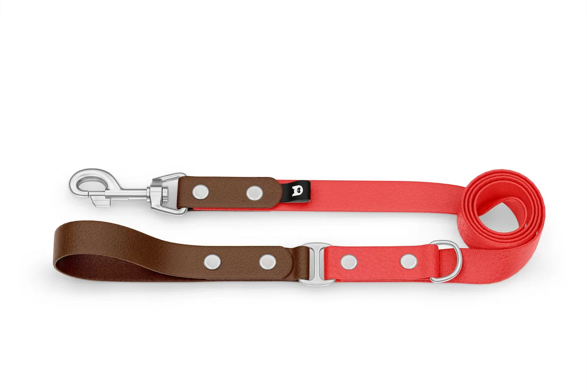 Duo-Leine für Hunde: Dunkelbraun & Rot mit Komponenten aus Silber