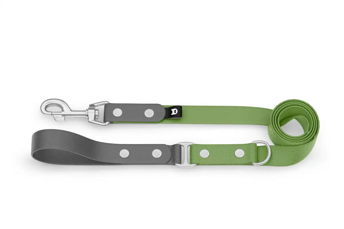 Duo-Leine für Hunde: Grau & Oliv mit Komponenten aus Silber