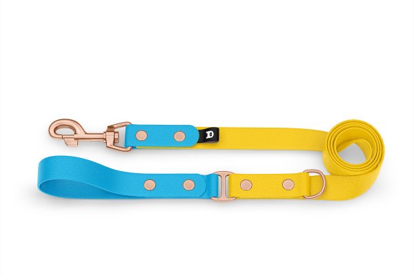 Duo-Leine für Hunde: Hellblau & Gelb mit Komponenten aus Rosegold