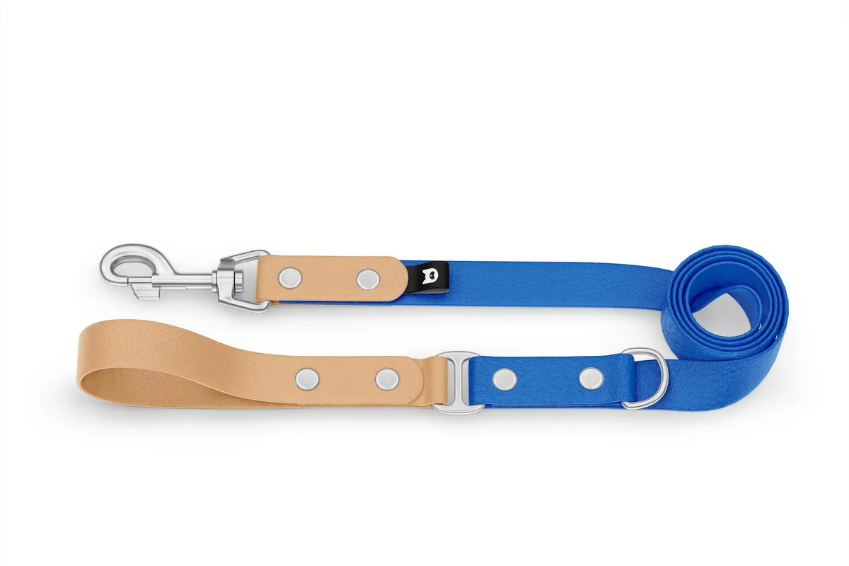 Duo-Leine für Hunde: Hellbraun & Blau mit Komponenten aus Silber
