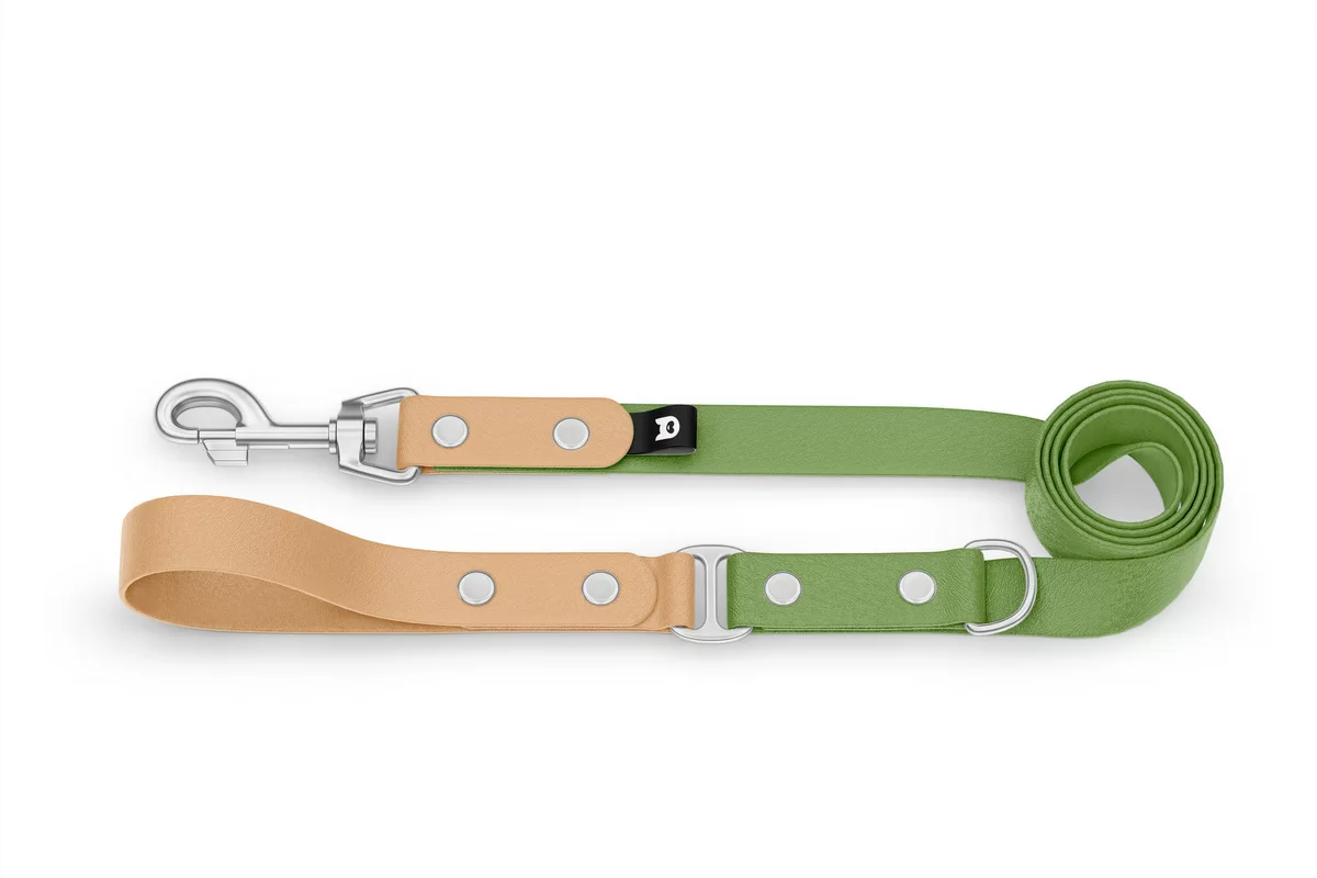 Duo-Leine für Hunde: Hellbraun & Oliv mit Komponenten aus Silber