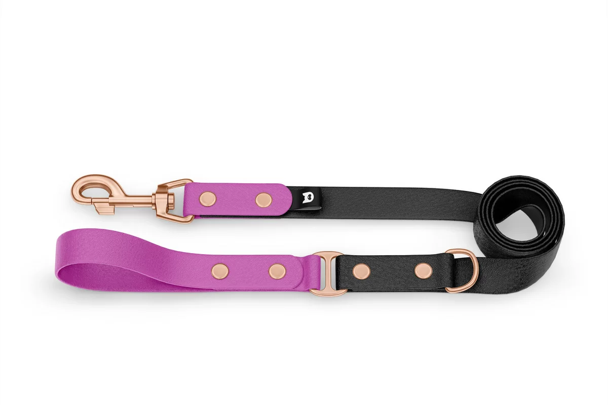 Duo-Leine für Hunde: Hellviolett & Schwarz mit Komponenten aus Rosegold