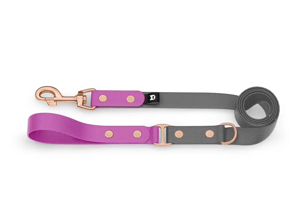 Duo-Leine für Hunde: Hellviolett & Grau mit Komponenten aus Rosegold
