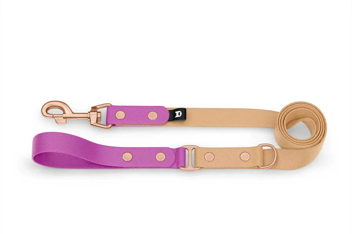 Duo-Leine für Hunde: Hellviolett & Hellbraun mit Komponenten aus Rosegold