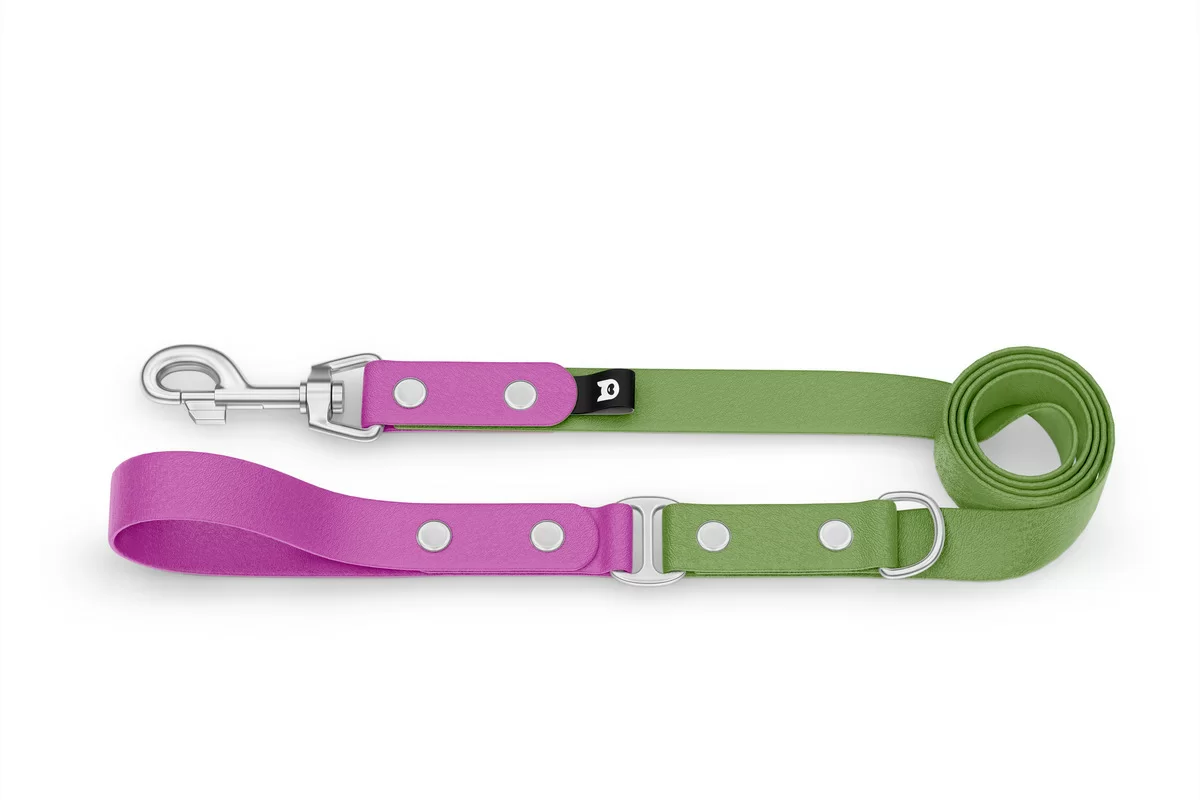 Duo-Leine für Hunde: Hellviolett & Oliv mit Komponenten aus Silber