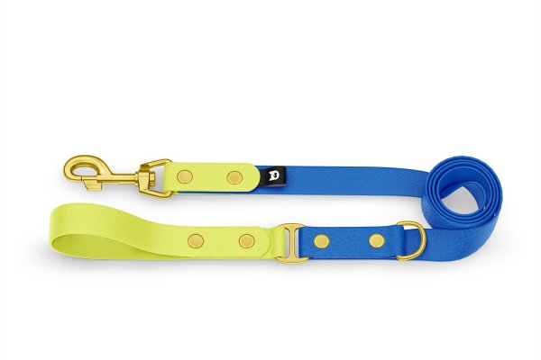 Duo-Leine für Hunde: Neongelb & Blau mit Komponenten aus Gold