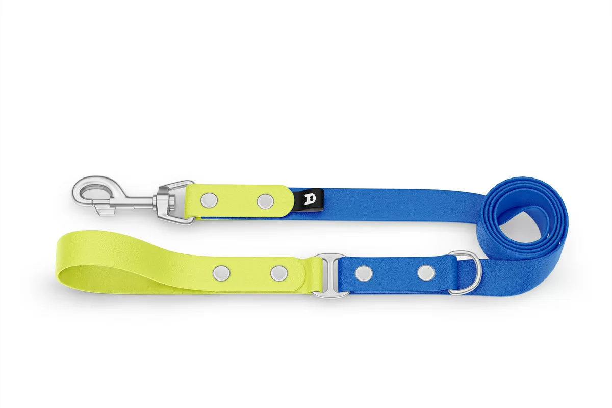 Duo-Leine für Hunde: Neongelb & Blau mit Komponenten aus Silber