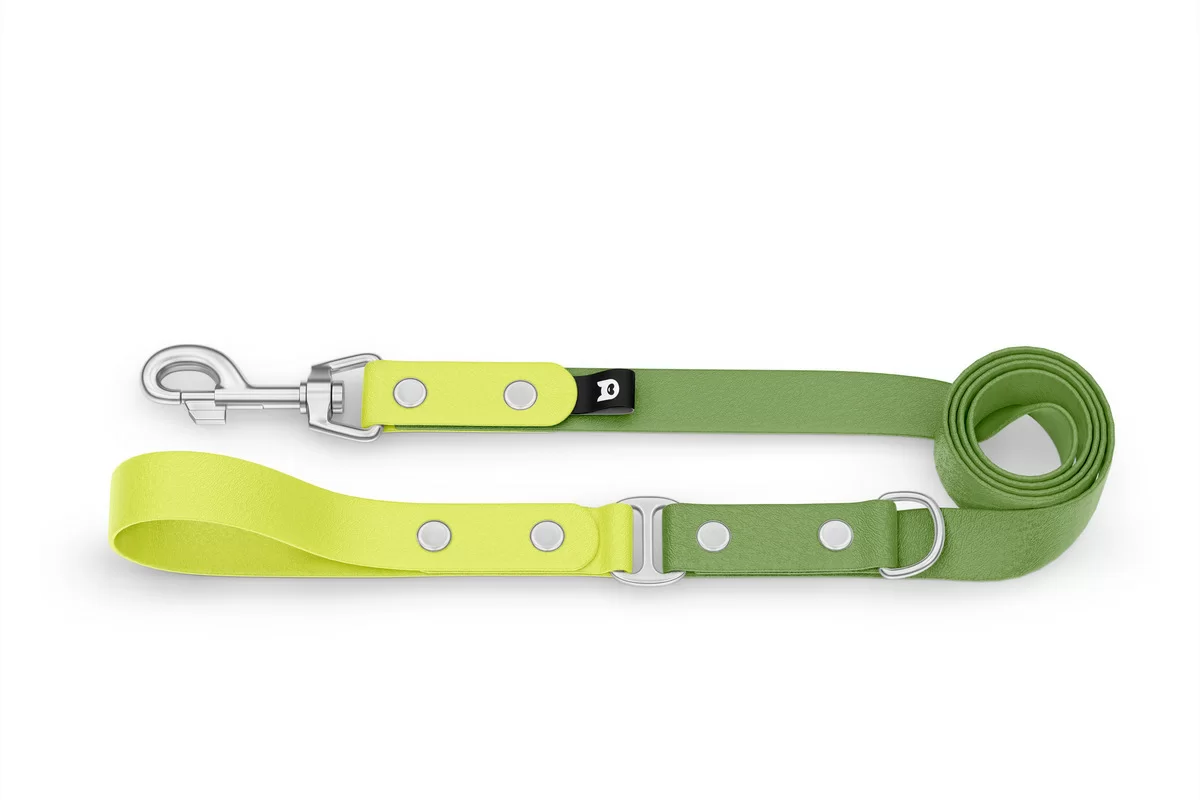 Duo-Leine für Hunde: Neongelb & Oliv mit Komponenten aus Silber