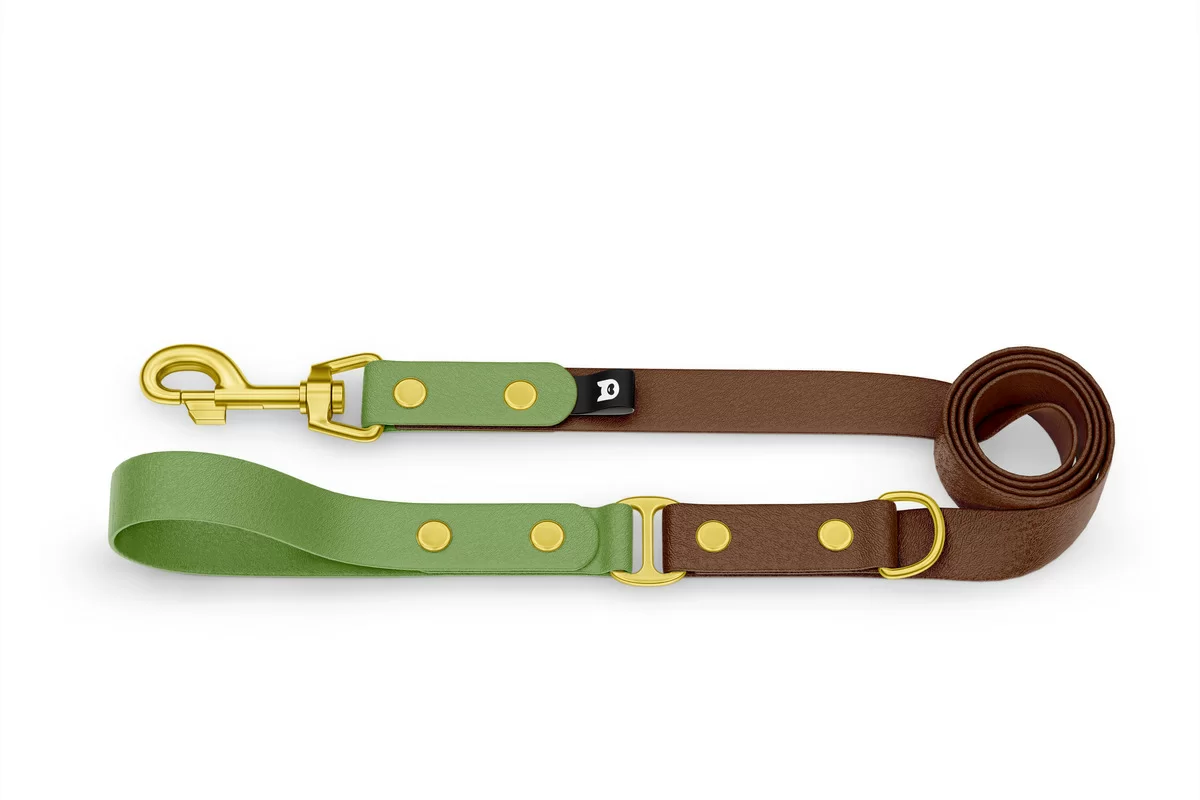 Duo-Leine für Hunde: Oliv & Dunkelbraun mit Komponenten aus Gold