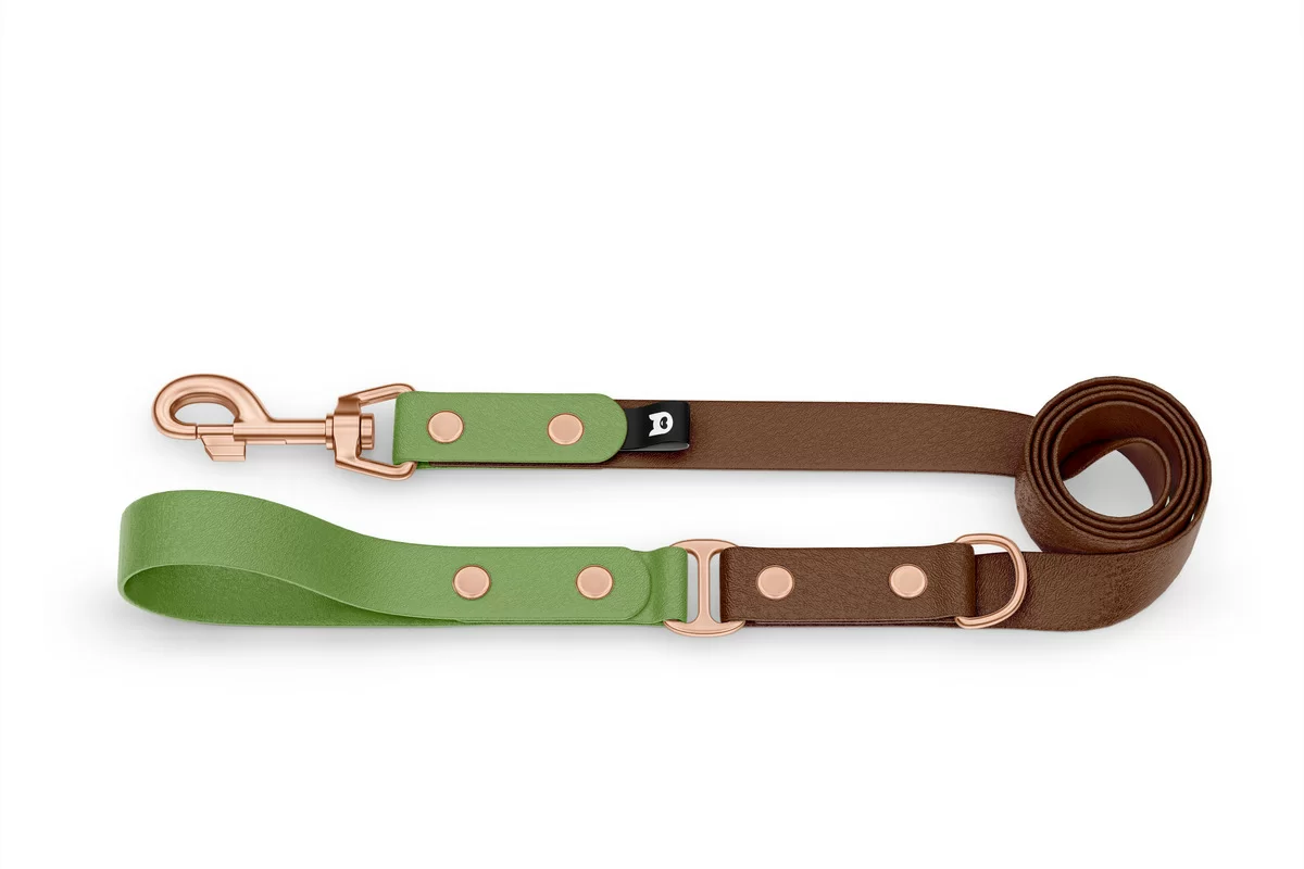 Duo-Leine für Hunde: Oliv & Dunkelbraun mit Komponenten aus Rosegold