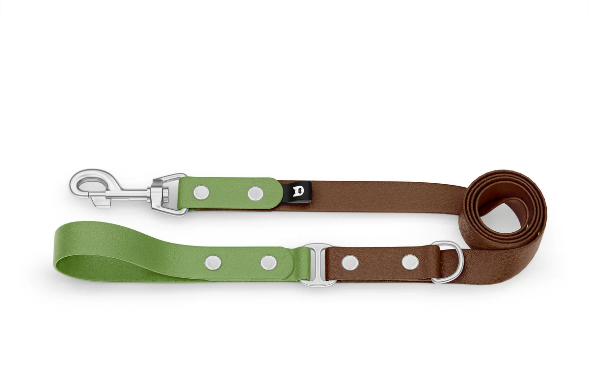 Duo-Leine für Hunde: Oliv & Dunkelbraun mit Komponenten aus Silber