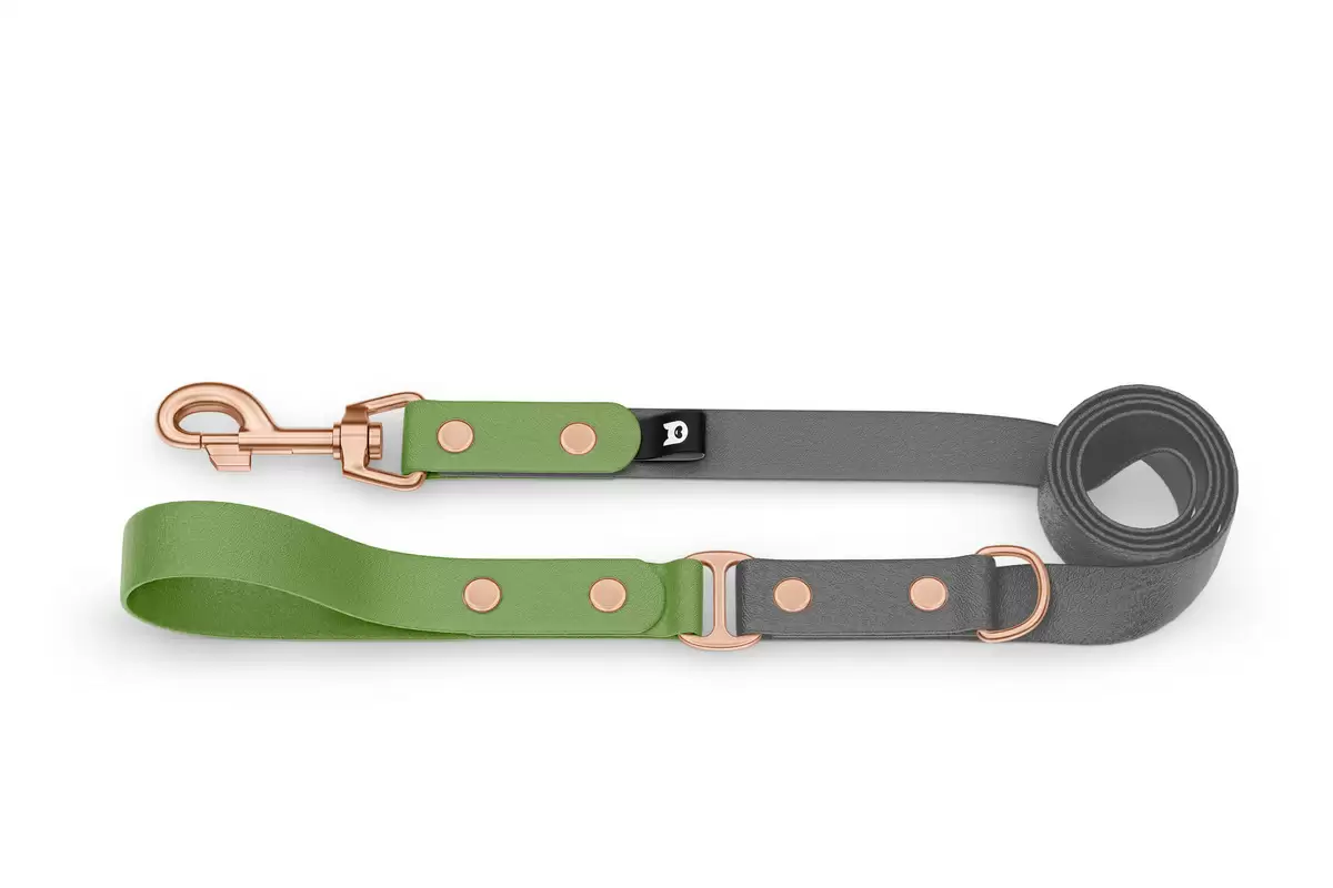 Duo-Leine für Hunde: Oliv & Grau mit Komponenten aus Rosegold