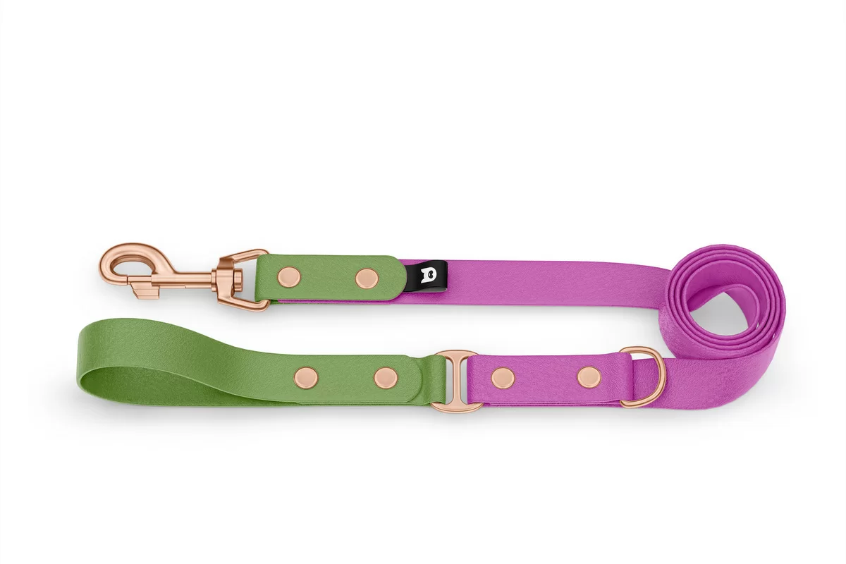 Duo-Leine für Hunde: Oliv & Hellviolett mit Komponenten aus Rosegold