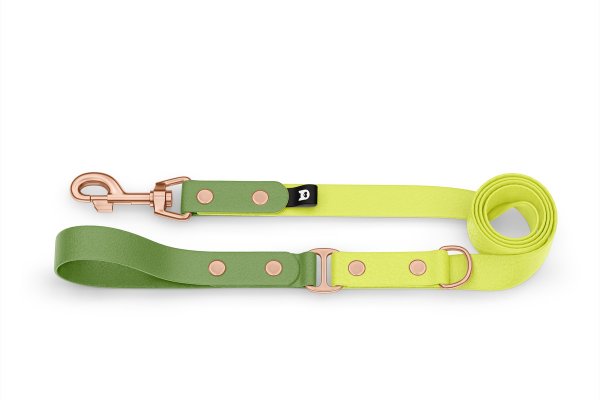 Duo-Leine für Hunde: Oliv & Neongelb mit Komponenten aus Rosegold