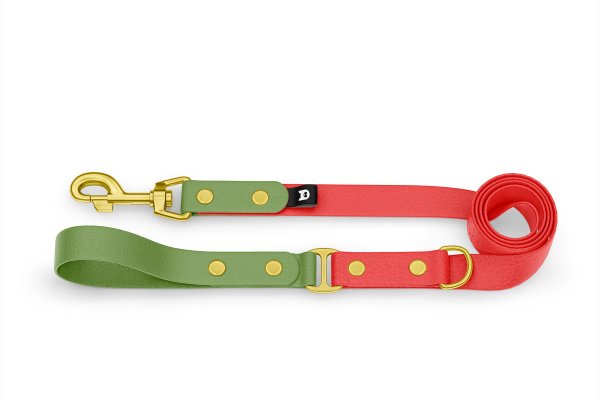 Duo-Leine für Hunde: Oliv & Rot mit Komponenten aus Gold