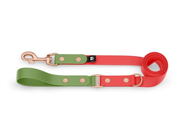 Duo-Leine für Hunde: Oliv & Rot mit Komponenten aus Rosegold