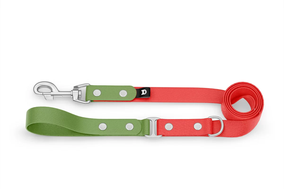 Duo-Leine für Hunde: Oliv & Rot mit Komponenten aus Silber