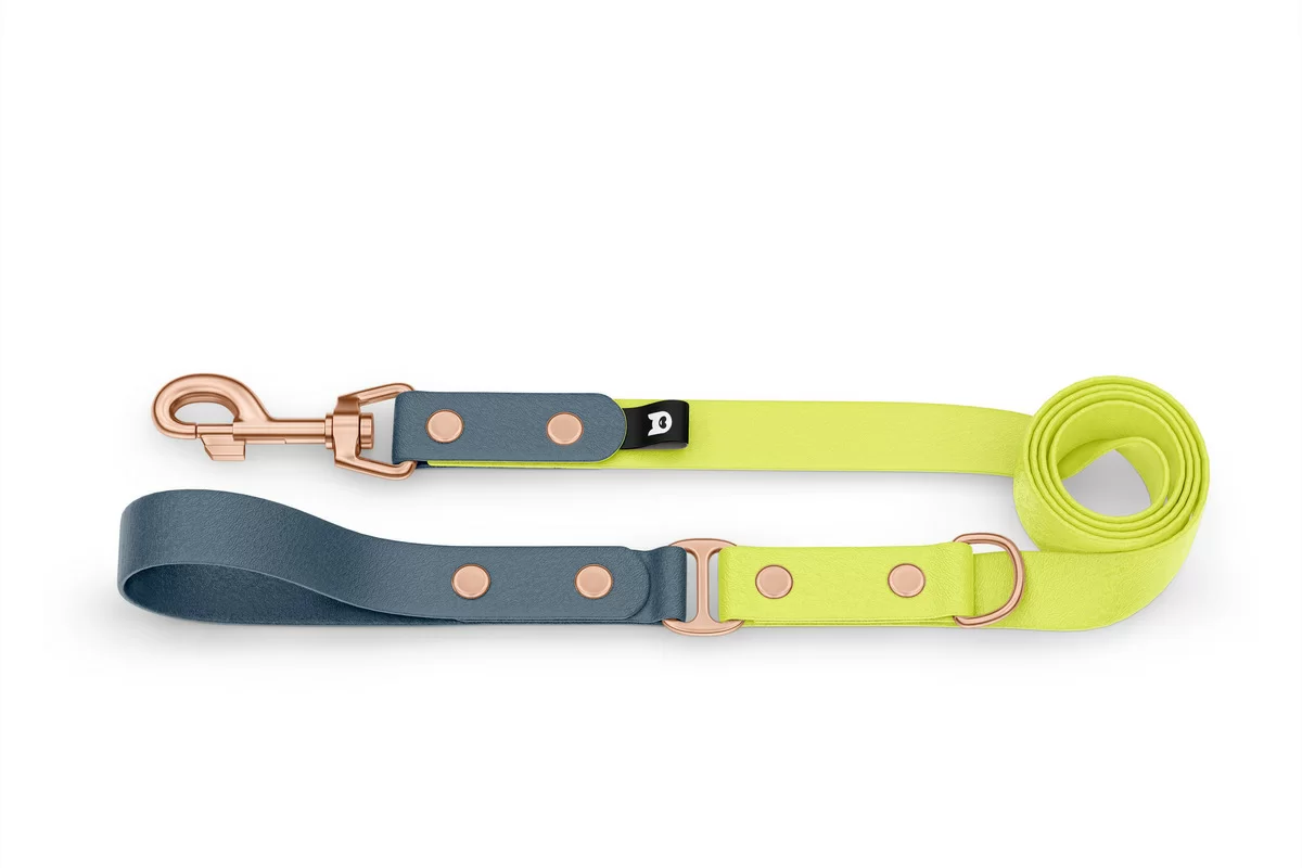 Duo-Leine für Hunde: Petrol & Neongelb mit Komponenten aus Rosegold