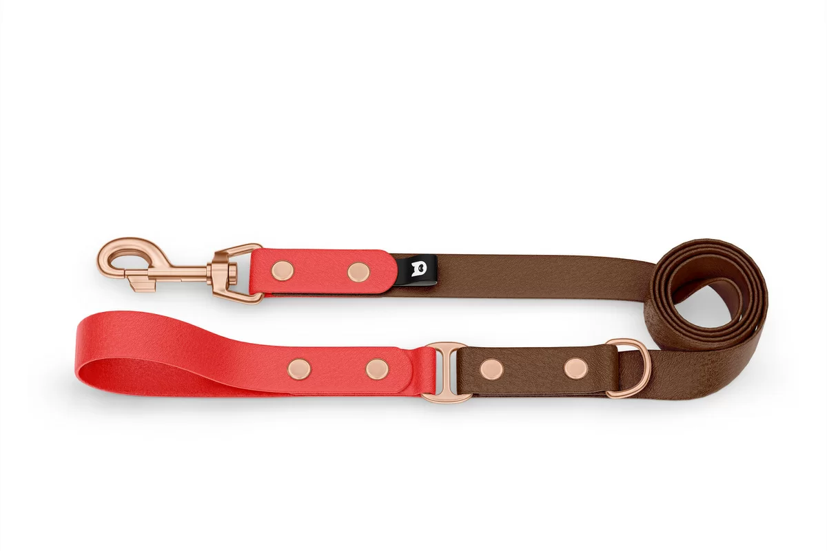 Duo-Leine für Hunde: Rot & Dunkelbraun mit Komponenten aus Rosegold