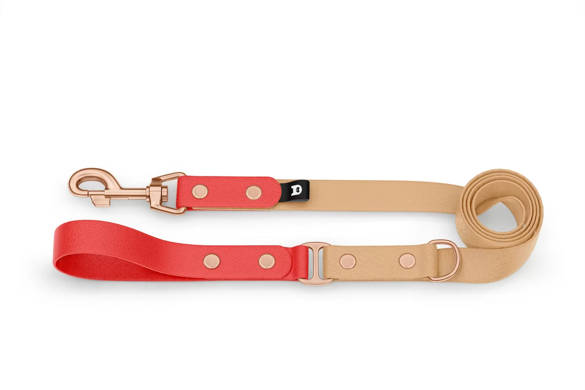 Duo-Leine für Hunde: Rot & Hellbraun mit Komponenten aus Rosegold