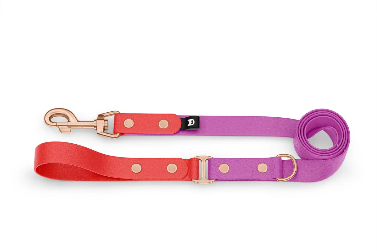 Duo-Leine für Hunde: Rot & Hellviolett mit Komponenten aus Rosegold