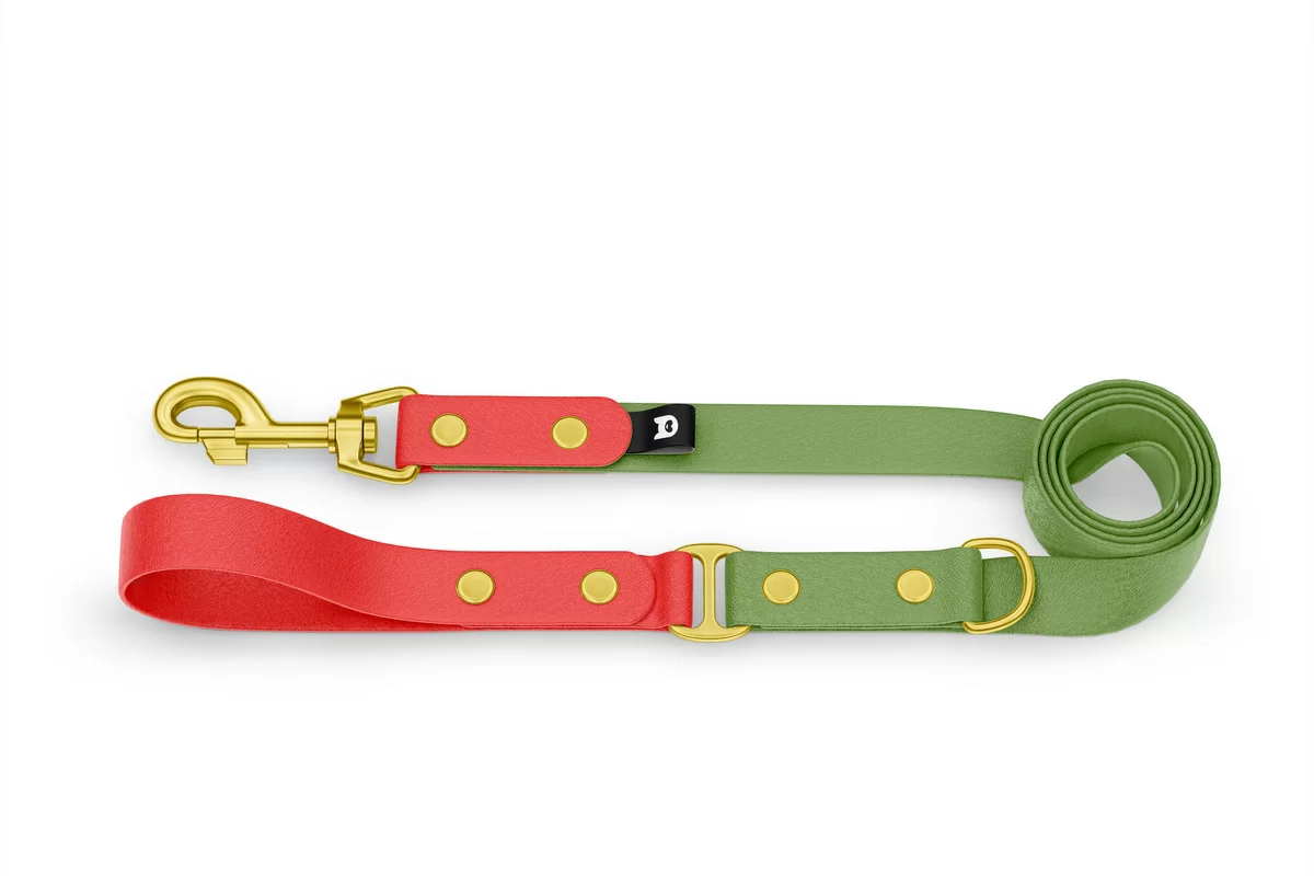 Duo-Leine für Hunde: Rot & Oliv mit Komponenten aus Gold