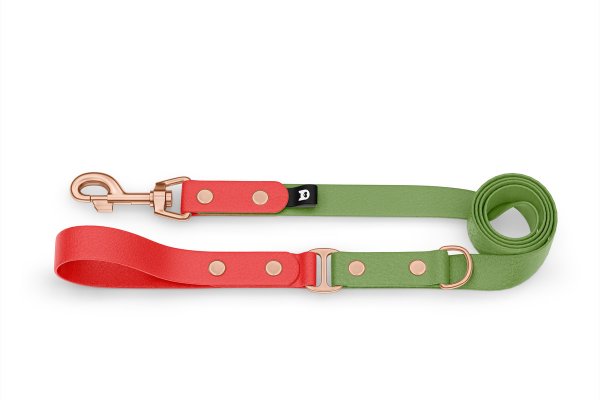 Duo-Leine für Hunde: Rot & Oliv mit Komponenten aus Rosegold