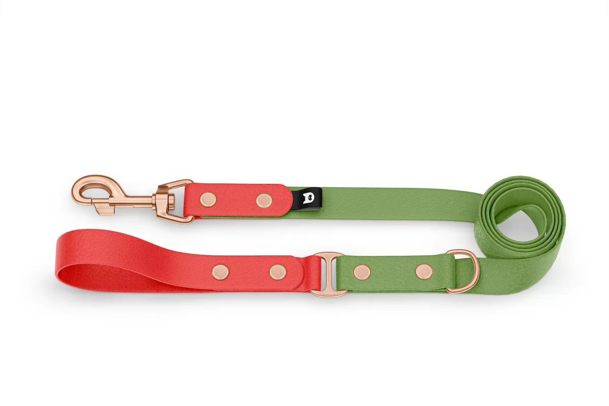 Duo-Leine für Hunde: Rot & Oliv mit Komponenten aus Rosegold