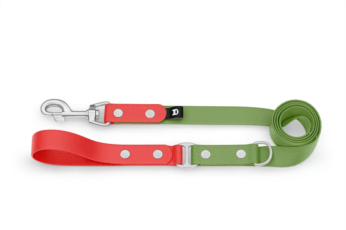 Duo-Leine für Hunde: Rot & Oliv mit Komponenten aus Silber