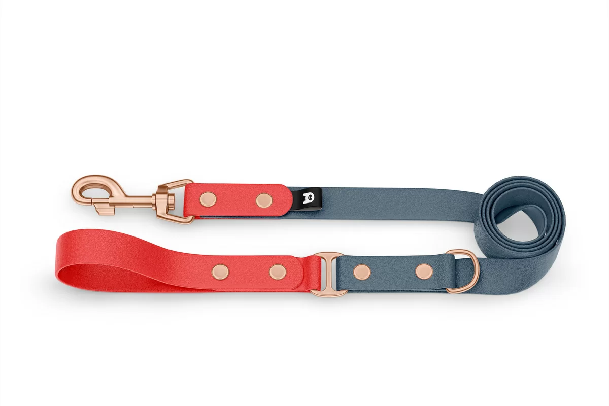 Duo-Leine für Hunde: Rot & Petrol mit Komponenten aus Rosegold