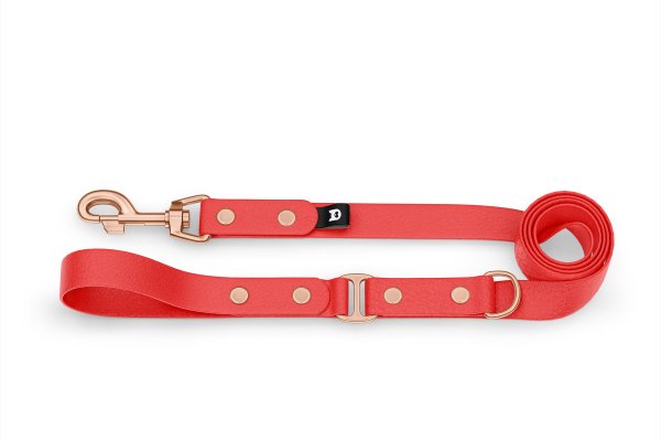 Duo-Leine für Hunde: Rot & Rot mit Komponenten aus Rosegold