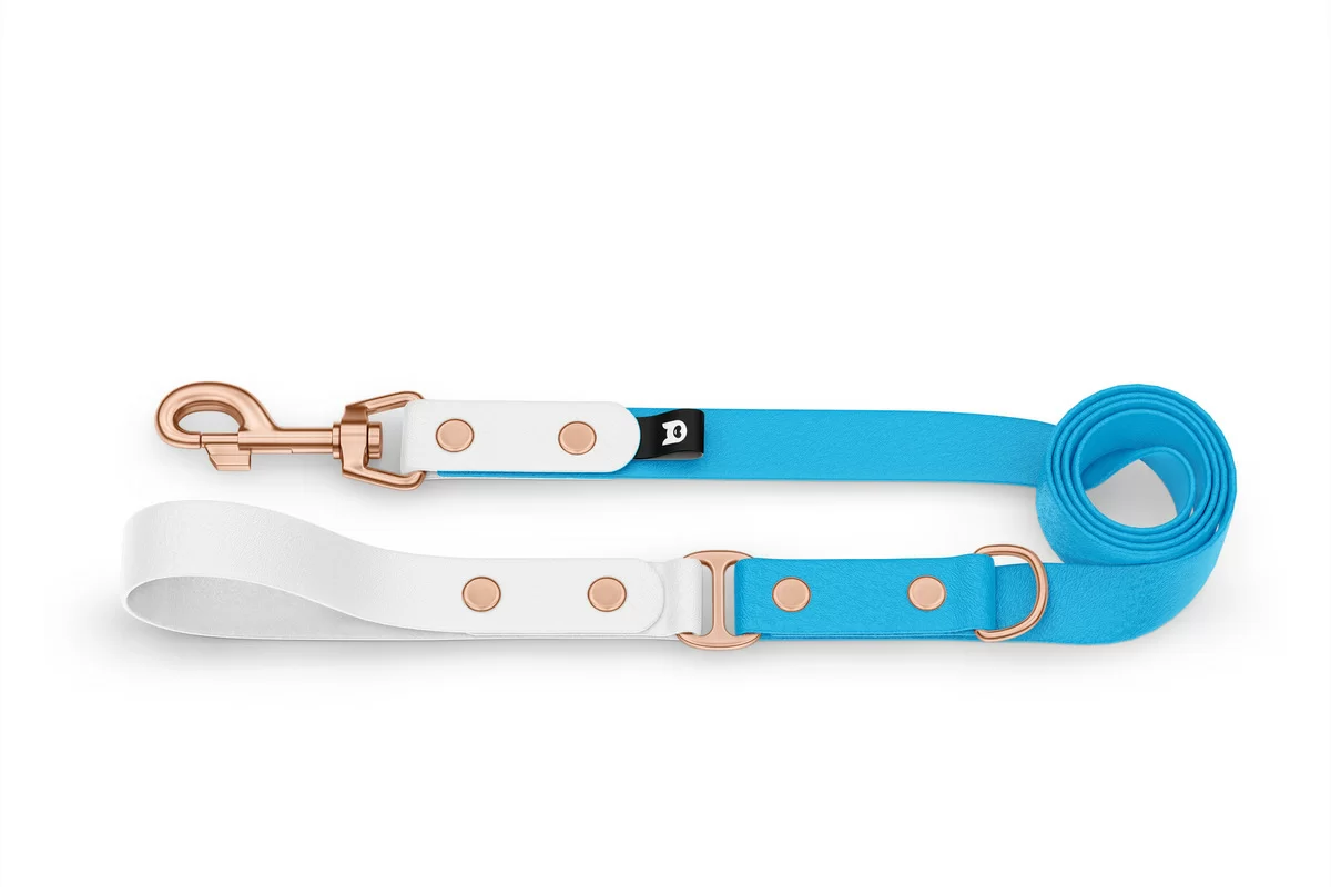 Duo-Leine für Hunde: Weiß & Hellblau mit Komponenten aus Rosegold