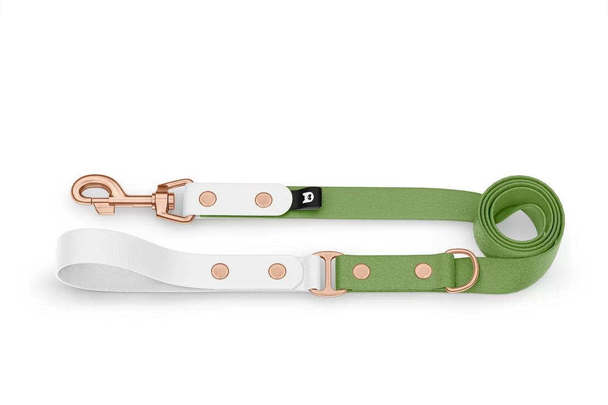 Duo-Leine für Hunde: Weiß & Oliv mit Komponenten aus Rosegold