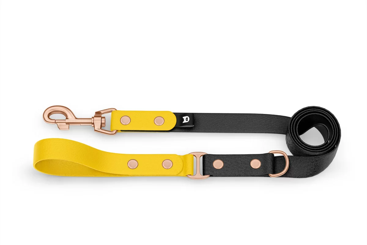 Duo-Leine für Hunde: Gelb & Schwarz mit Komponenten aus Rosegold
