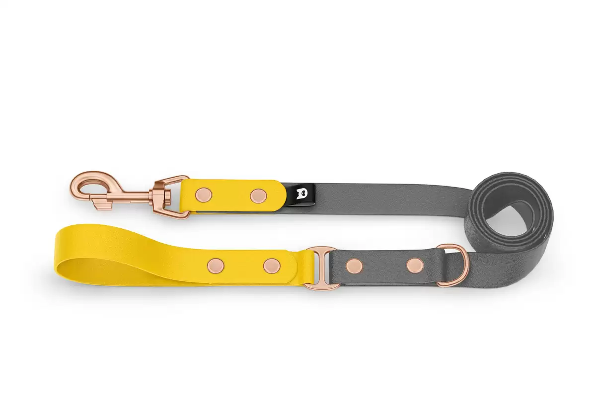 Duo-Leine für Hunde: Gelb & Grau mit Komponenten aus Rosegold