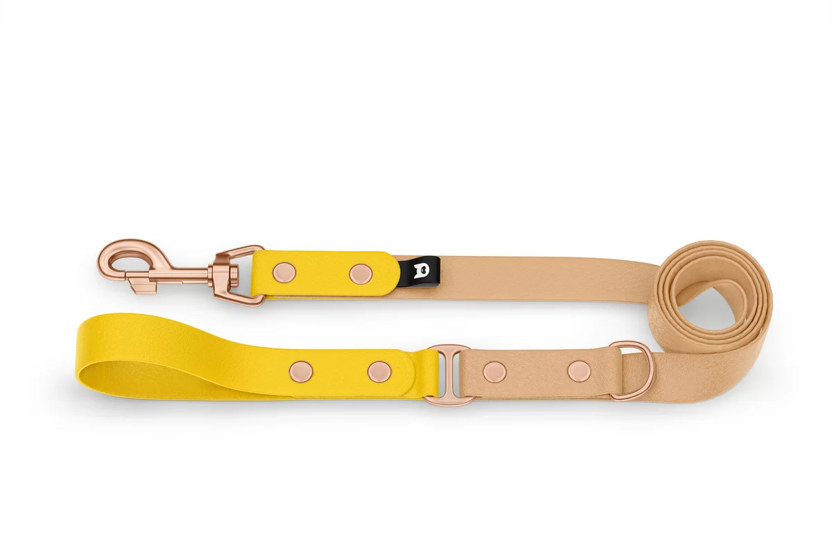 Duo-Leine für Hunde: Gelb & Hellbraun mit Komponenten aus Rosegold
