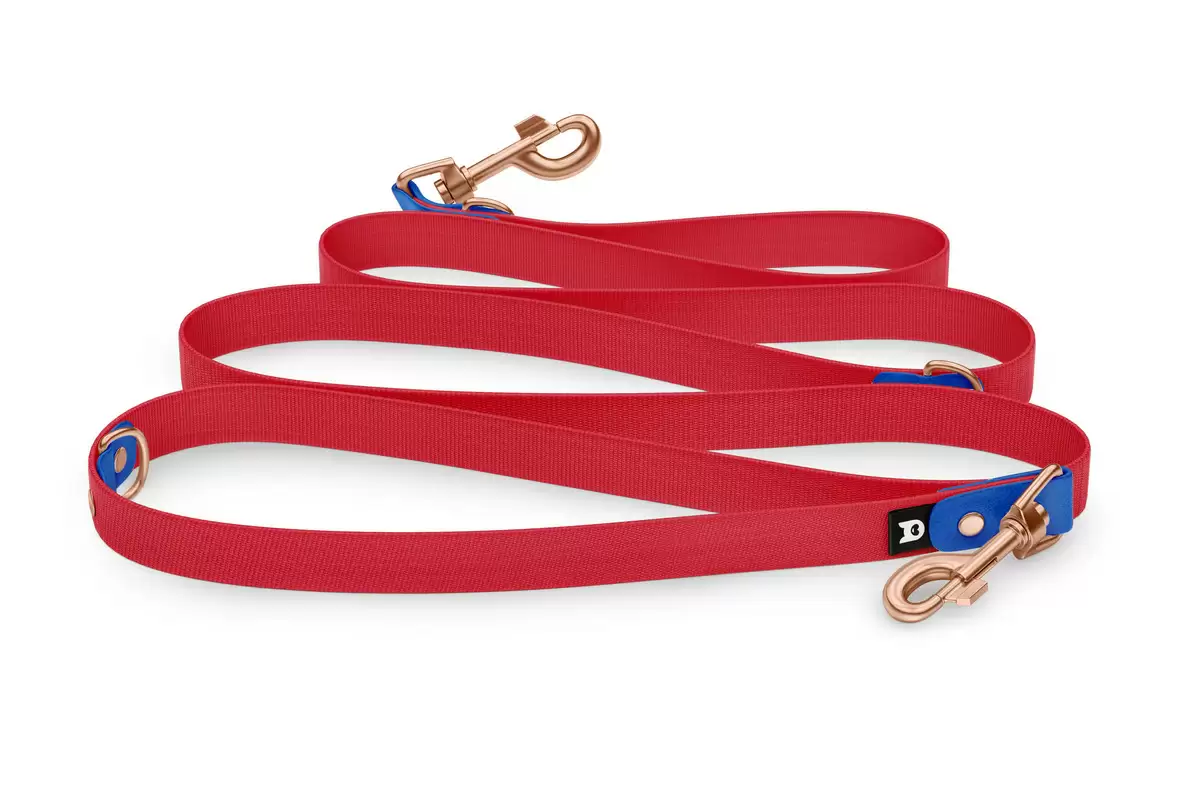 Reduzierte Hundeleine: Blau und Rot mit Rosegold-Komponenten