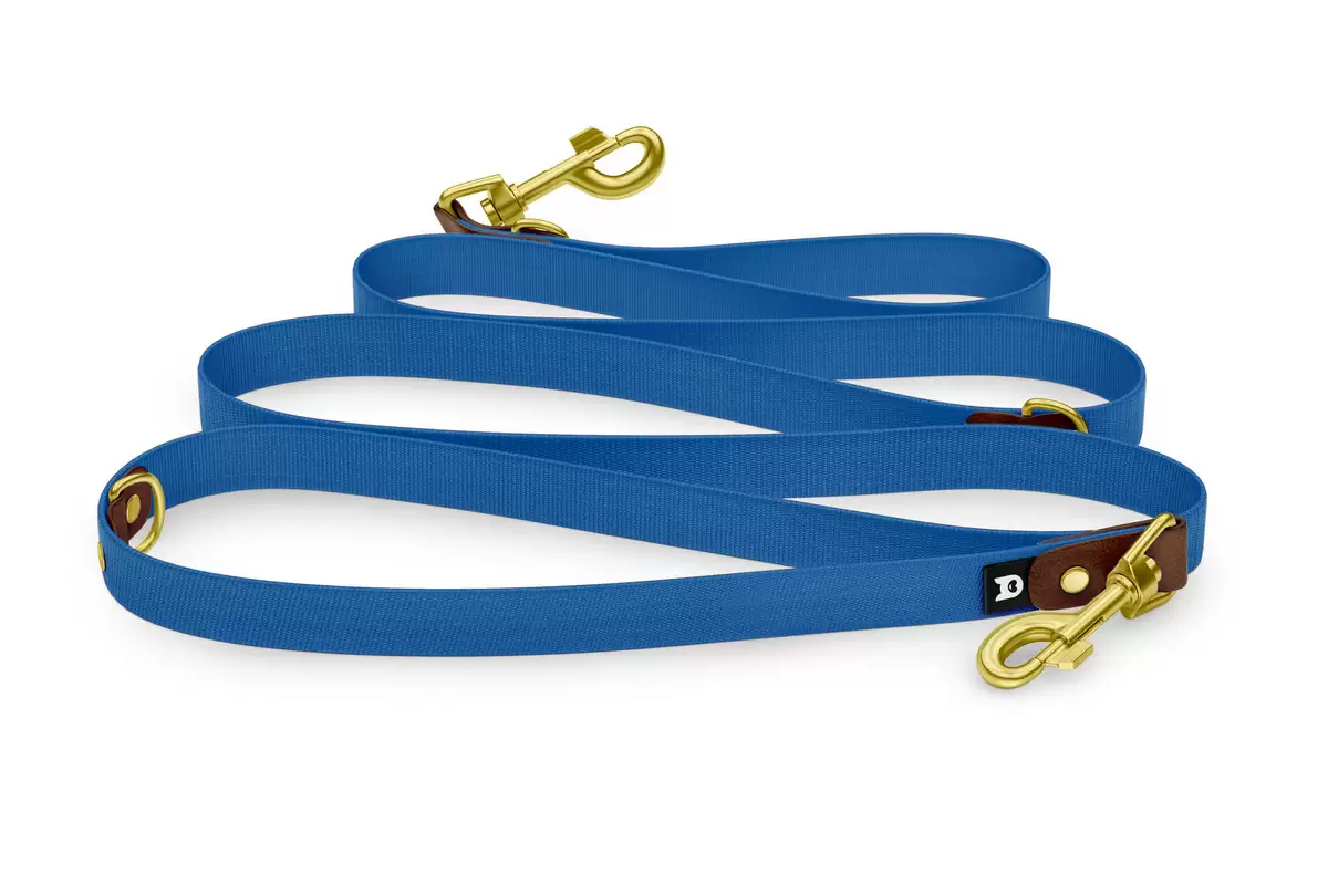 Reduzierte Hundeleine: Dunkelbraun und Blau mit Gold-Komponenten