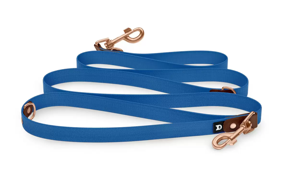 Reduzierte Hundeleine: Dunkelbraun und Blau mit Rosegold-Komponenten