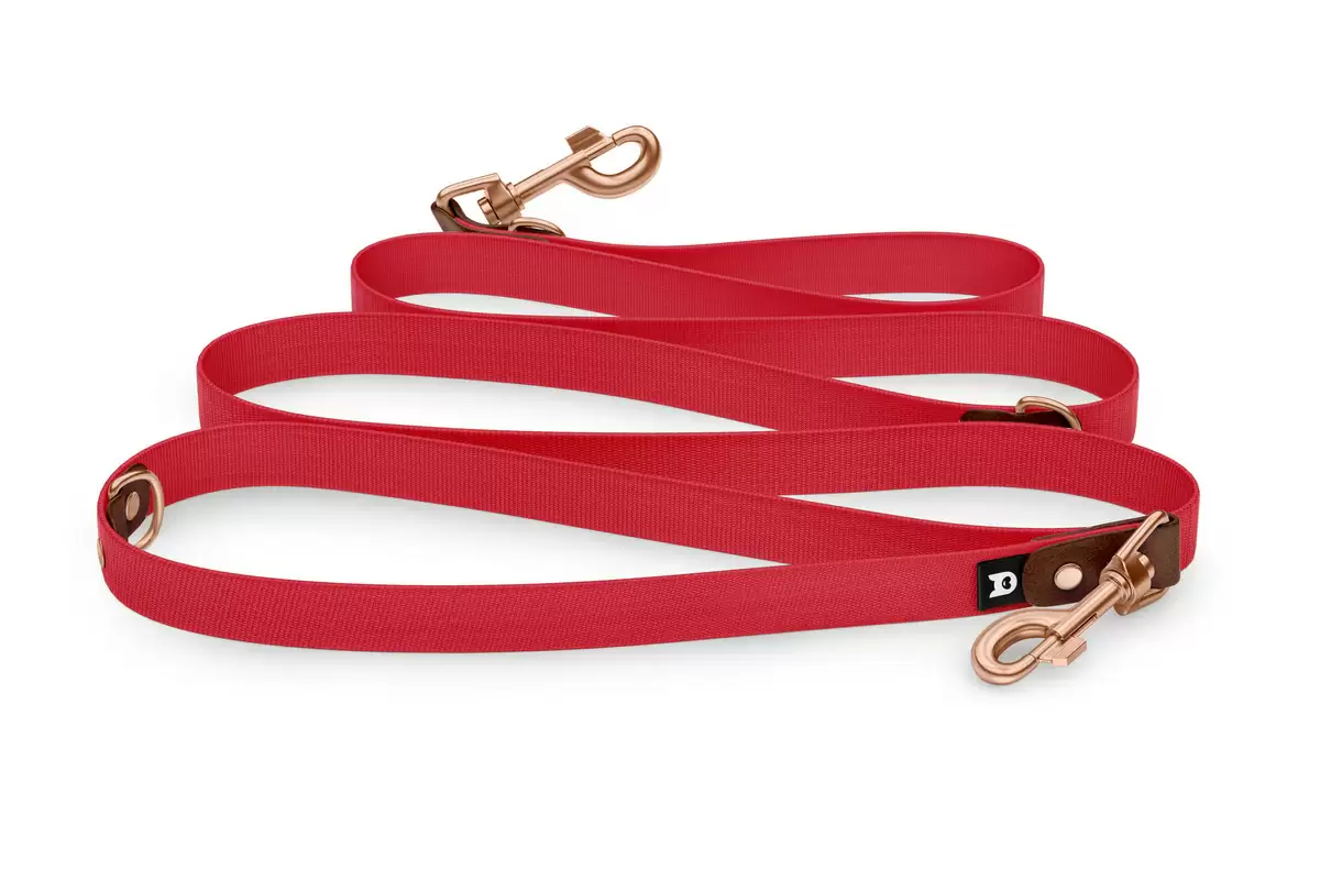 Reduzierte Hundeleine: Dunkelbraun und Rot mit Rosegold-Komponenten