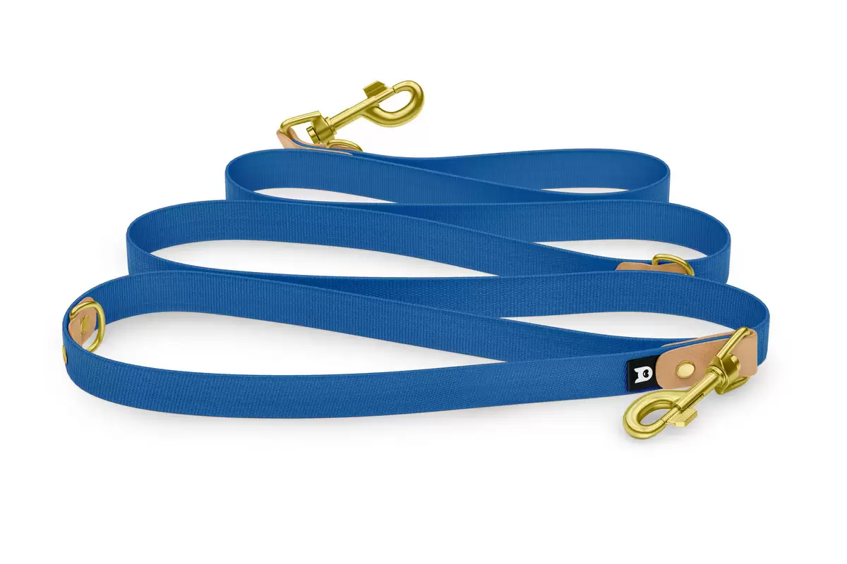 Reduzierte Hundeleine: Hellbraun und Blau mit Gold-Komponenten