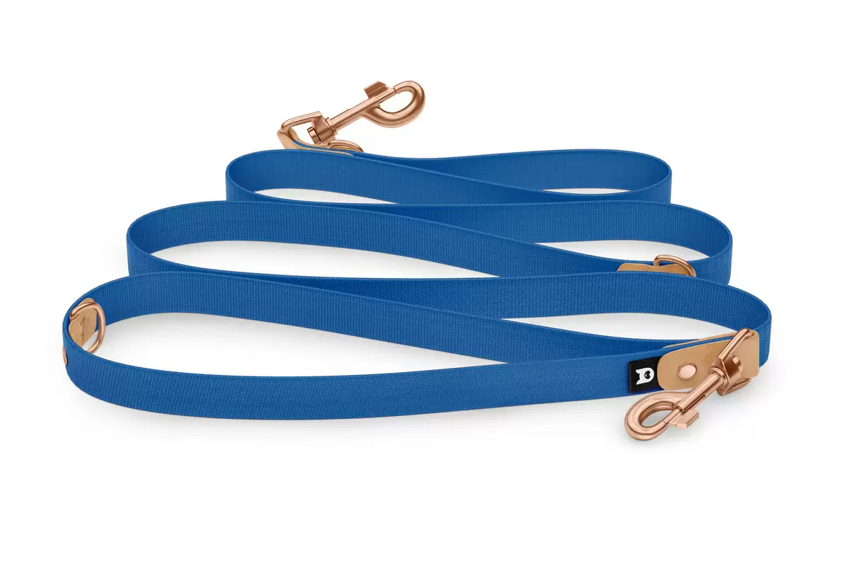 Reduzierte Hundeleine: Hellbraun und Blau mit Rosegold-Komponenten
