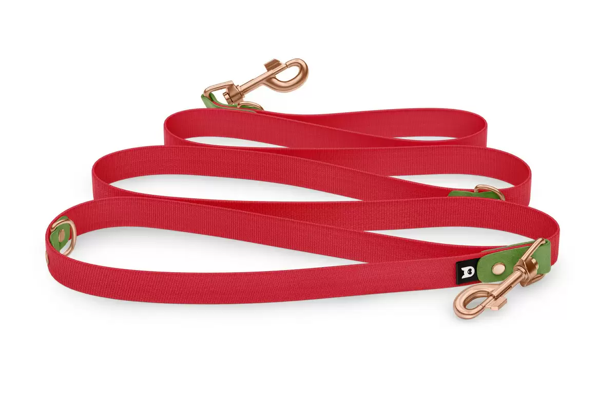 Reduzierte Hundeleine: Oliv und Rot mit Rosegold-Komponenten