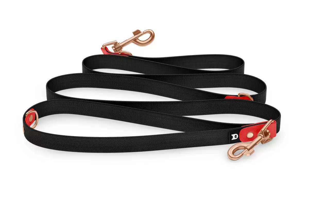 Reduzierte Hundeleine: Rot und Schwarz mit Rosegold-Komponenten